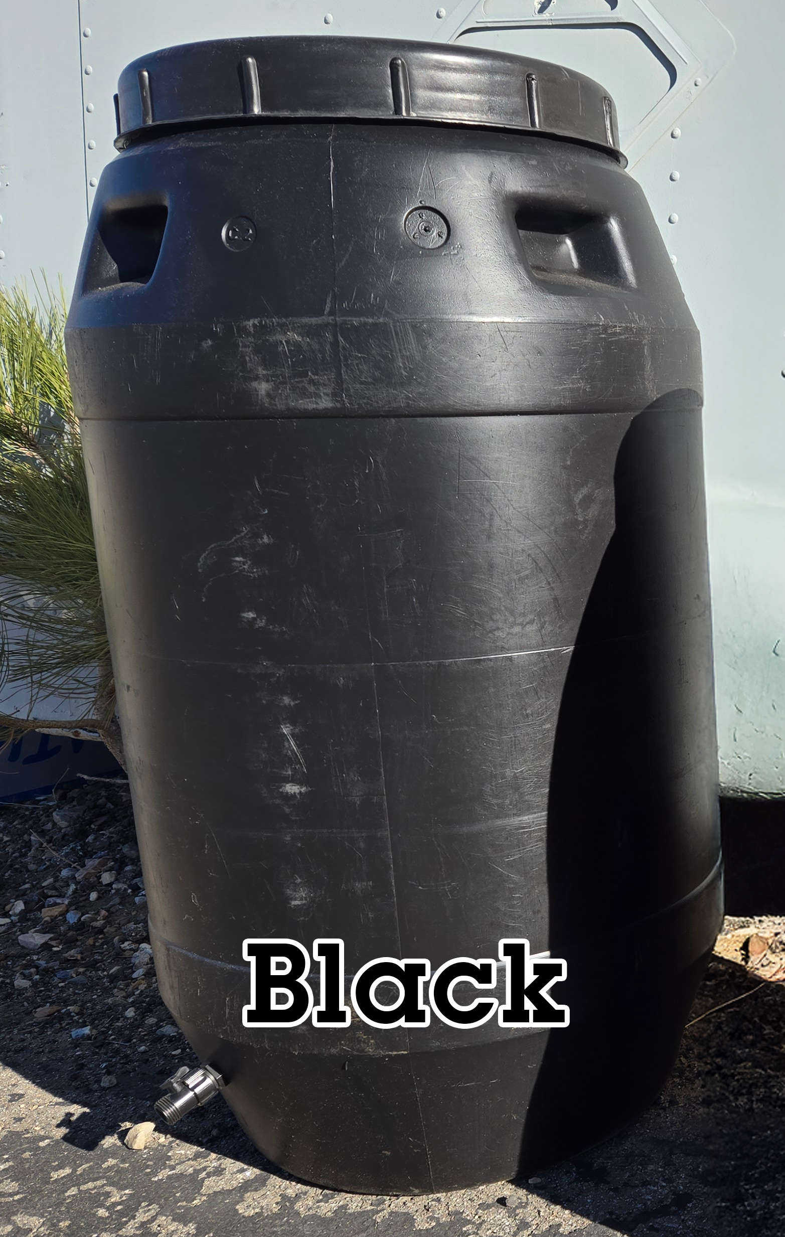 A black rain barrel. The color black is labelled in the picture. 